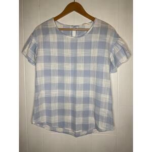 100% cotton Lake Flower blue and white gingham blouse ruffle sleeve size small